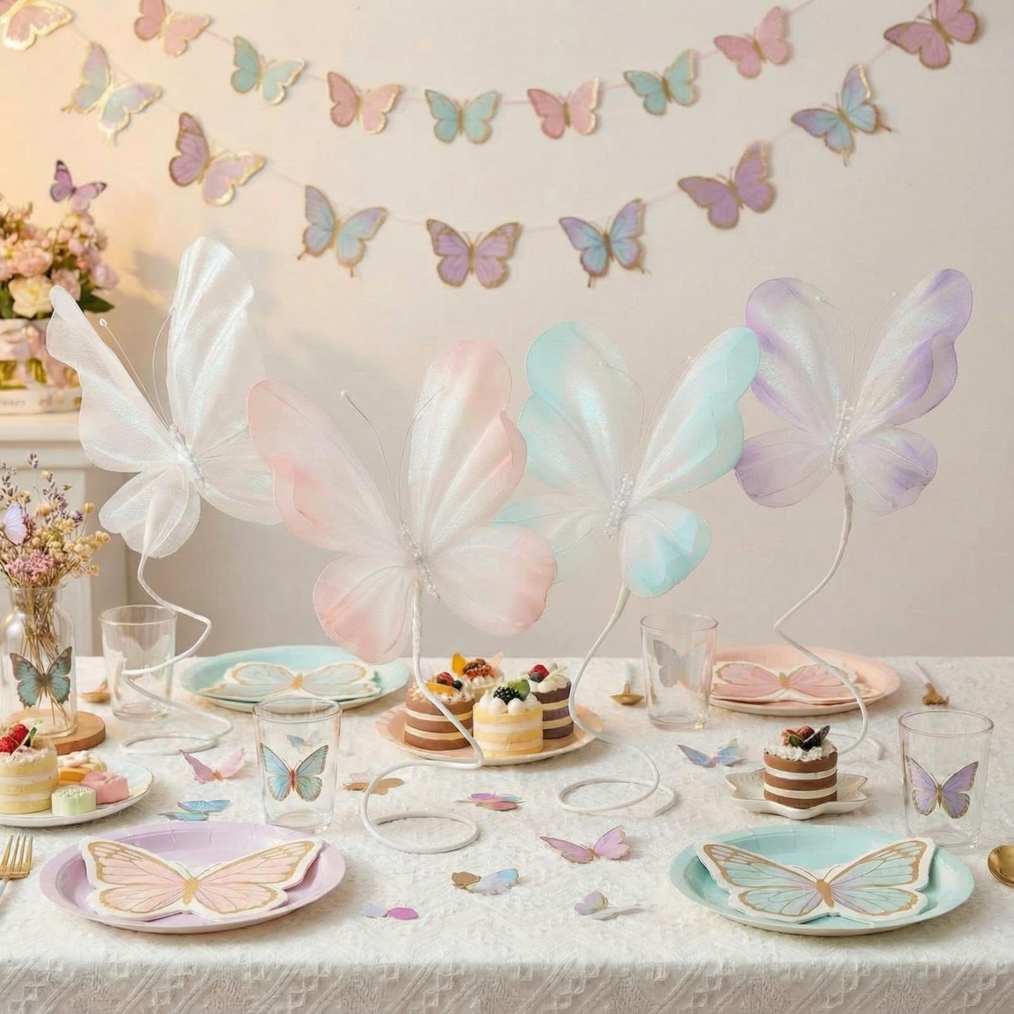 Roowest 4 Pcs Butterfly Centerpiece for Table Pastel Butterfly Decoration Large Gradient 3D Silk Flying Butterflies Pink Purple Green White Tabletop Decor for Birthday Wedding Baby Shower