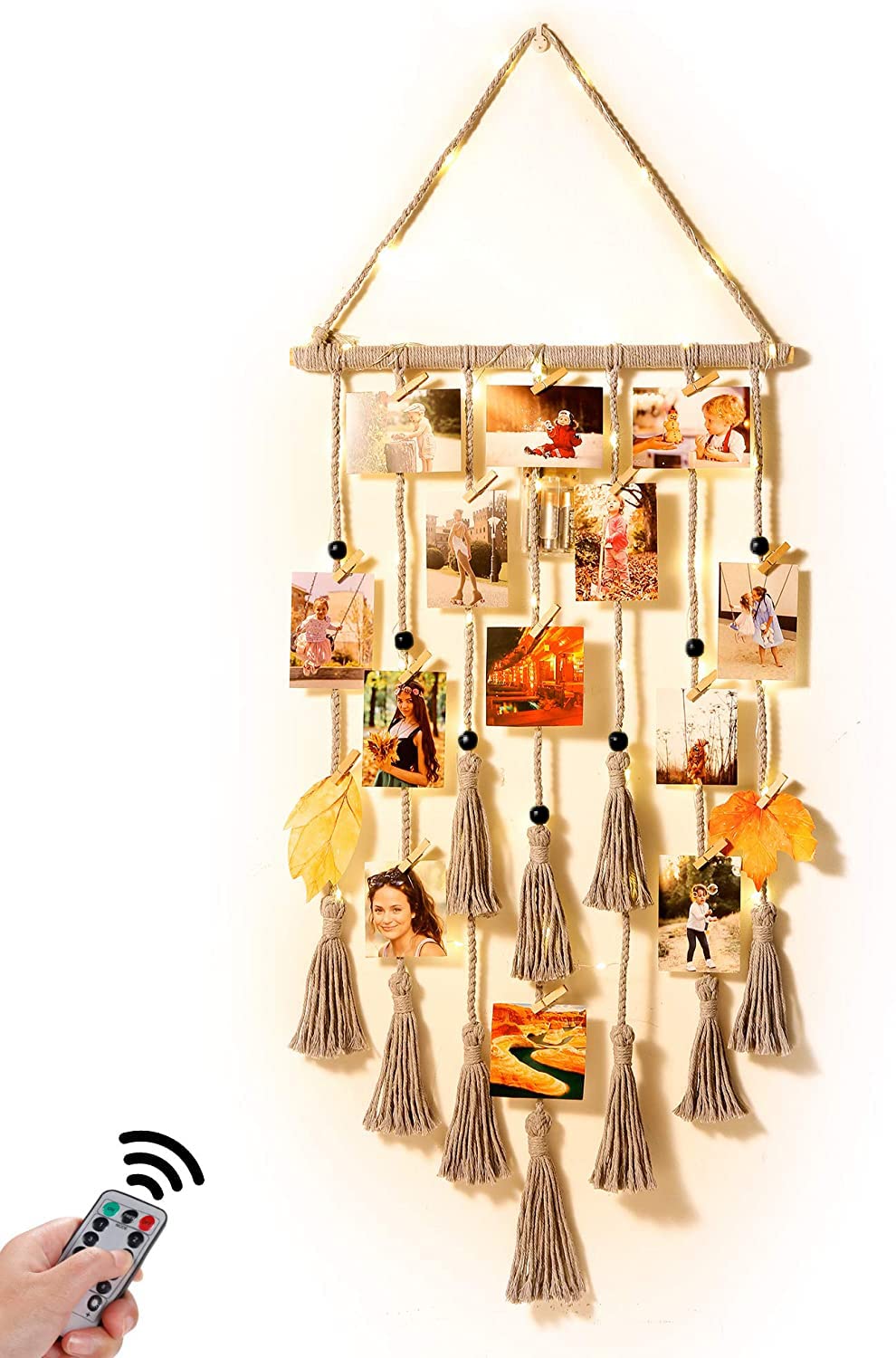 Homecor Hanging Photo Display Wall Decor, Gray Macrame Wall Hanging Boho Room Decor, Picture Frame Collage Board with Remote Light 30 Clips, Bedroom Home Decor, Christmas Mom Grandma Teen Girl Gifts