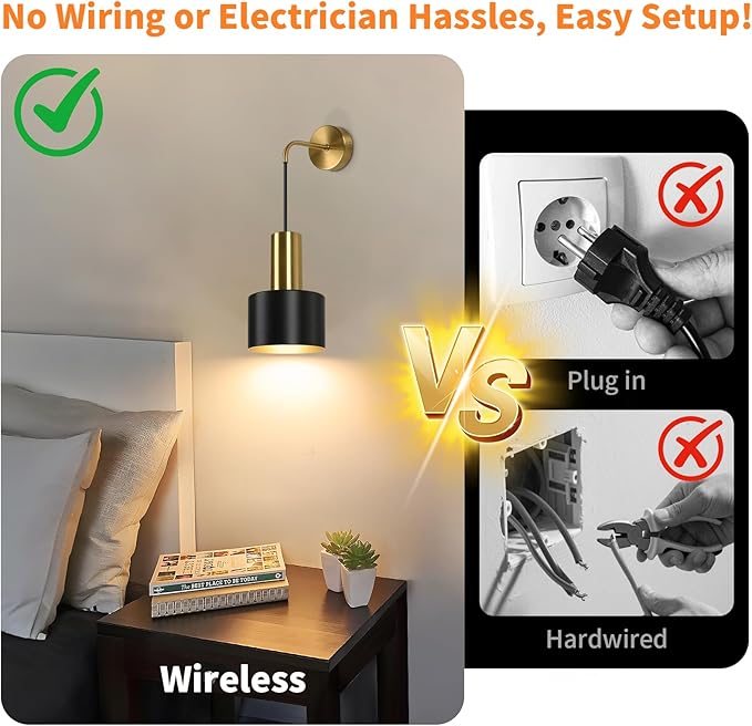 VerRon Rechargeable Battery Operated Wall Sconce Set of Two, Black & Gold Wireless Battery Powered Lights with Dimmable Detachable Bulbs & Remote, Modern Sconces Wall Decor for Bedroom Living Room