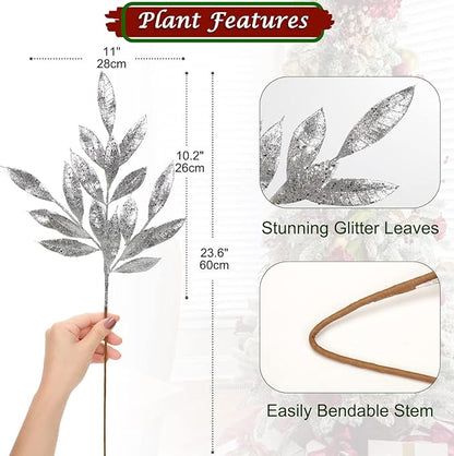 DILATATA 6Pcs Christmas Glitter Leaves Bay Leaves Spray 24" Artificial Silver Bay Leaf Picks Sprays Giltter Stems for Christmas Tree DIY Xmas Wreath Garland Home Decor - Silver