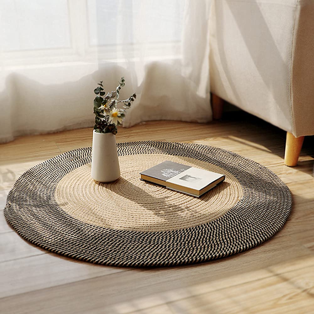 Poowe Hand Woven Round Area Rugs Living Room Bedroom Study Computer Chair Cushion Base Mat Round Carpet Lifts Basket Swivel Chair Pad Coffee Table Rug(3.3' Round)