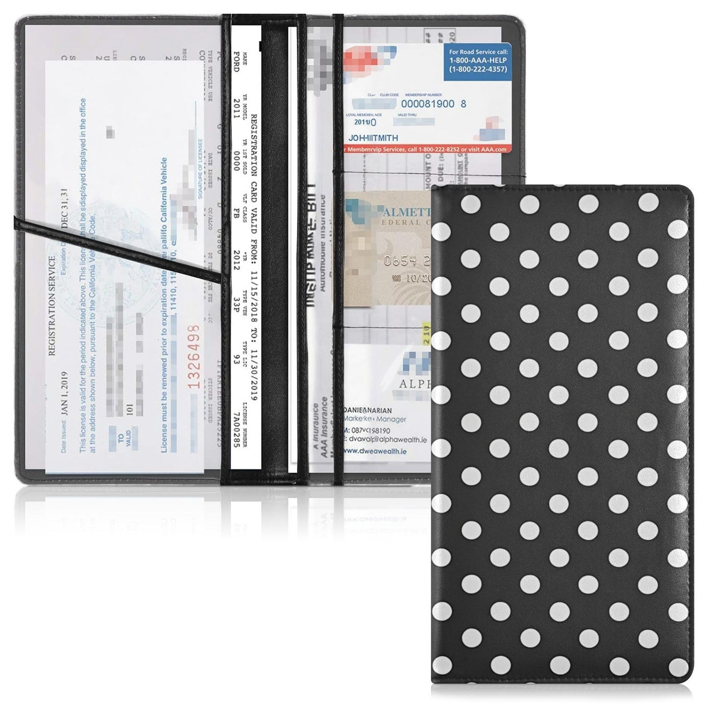 JUZIHAI Black and White Polka Dot Car Registration and Insurance Holder Glove Box Organizer Leather Vehicle Essential Document Card Wallet Accessories Case
