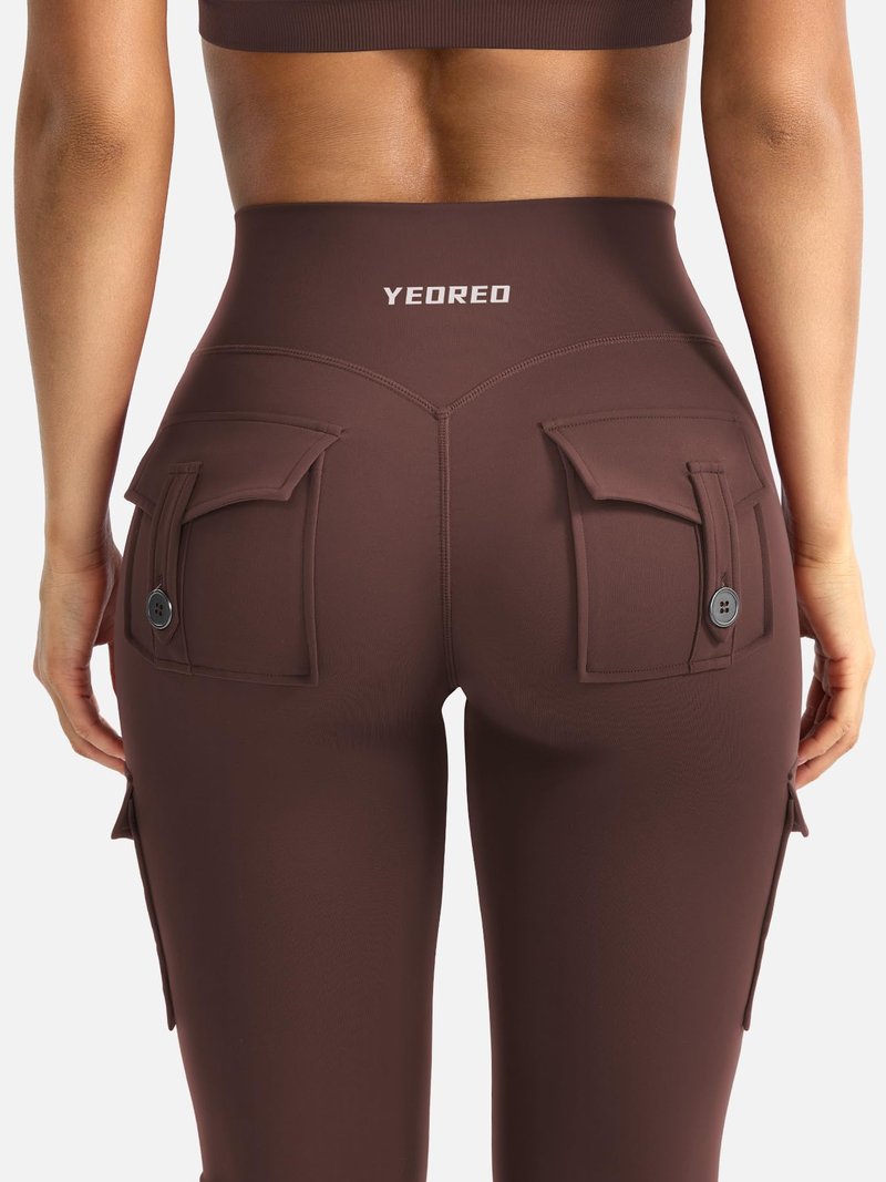 YEOREO CoreFlex Women Workout Flare Leggings with Pockets Hidden Scrunch High Waisted Cargo Gym Yoga No Front Seam Leggings Chocolate XS