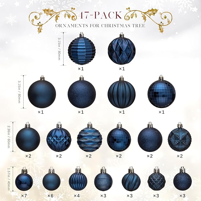JORNOY Christmas Tree Ornaments Set, 47 Pack Assorted Shatterproof Hanging Balls Decorations, Plastic Bulbs Bulk with Lanyard for Home Holiday Party Decor, 3-Sizes (Navy Blue)