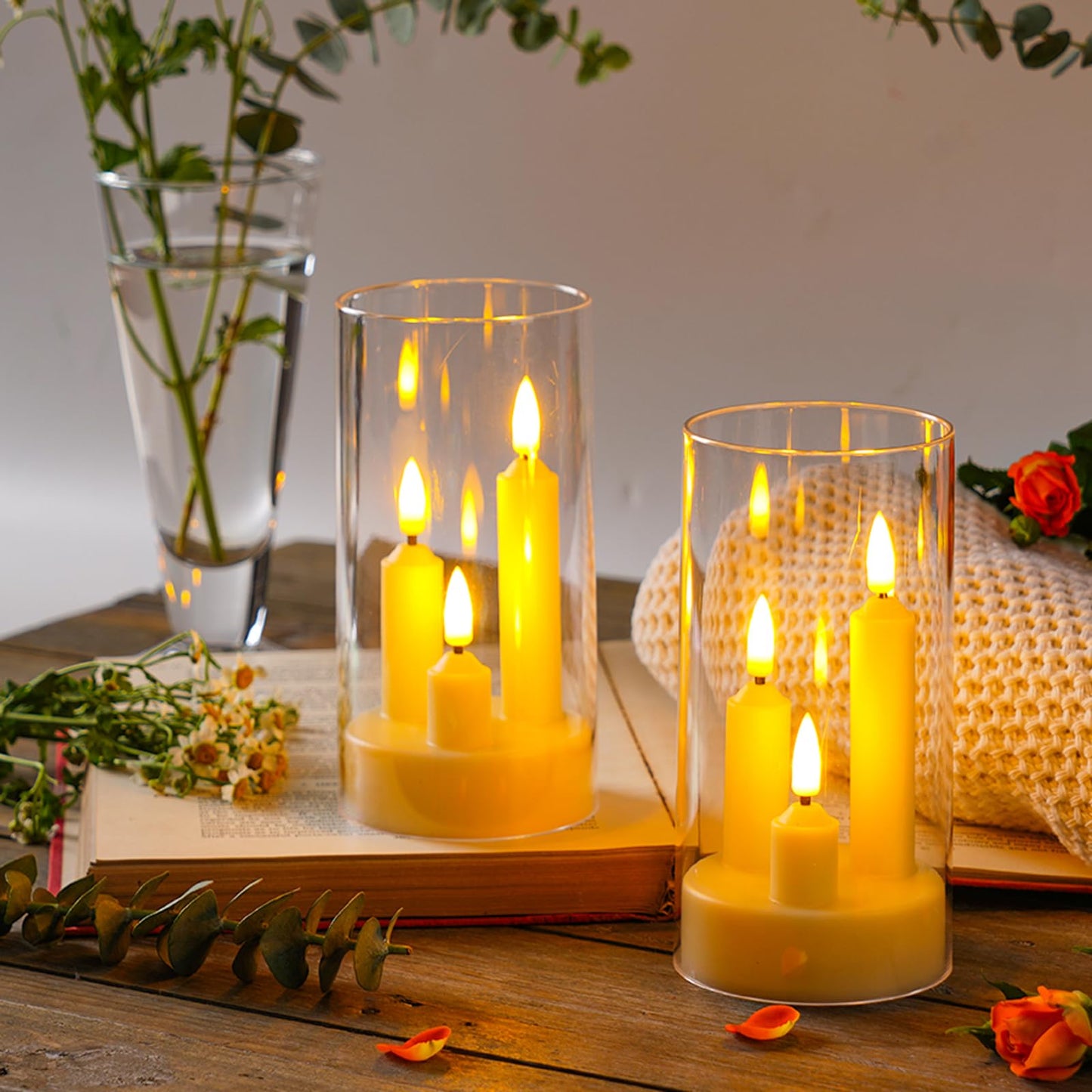 2 Pack Flameless Taper Candles, 3D Realistic Wick LED Taper Candle Lights with Clear Acrylic Cover, Remote Control Battery Operated Flickering Candles for Wedding, Party, Christmas, Home Table Decor.