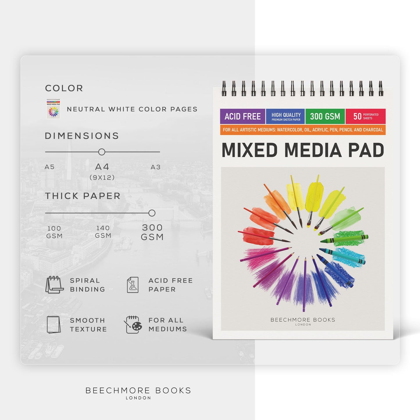 Beechmore Books 9"x12" Watercolor Sketchpad - Professional Spiral Bound Sketchbook, 50 Sheets 300 GSM / 140 lb Heavyweight Acid-Free Paper, Micro-Perforated for Acrylic, Gouache and Mixed Media
