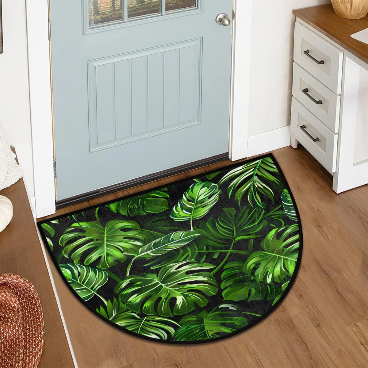 YPPAHHHH Half Round Door Mat Palm Tree Monstera Leaves Tropical Welcome Mats Non-Slip Front Doormat Indoor Entrance Half Circle Bathroom Mat Low-Profile Kitchen Floor Mats, 36x24in