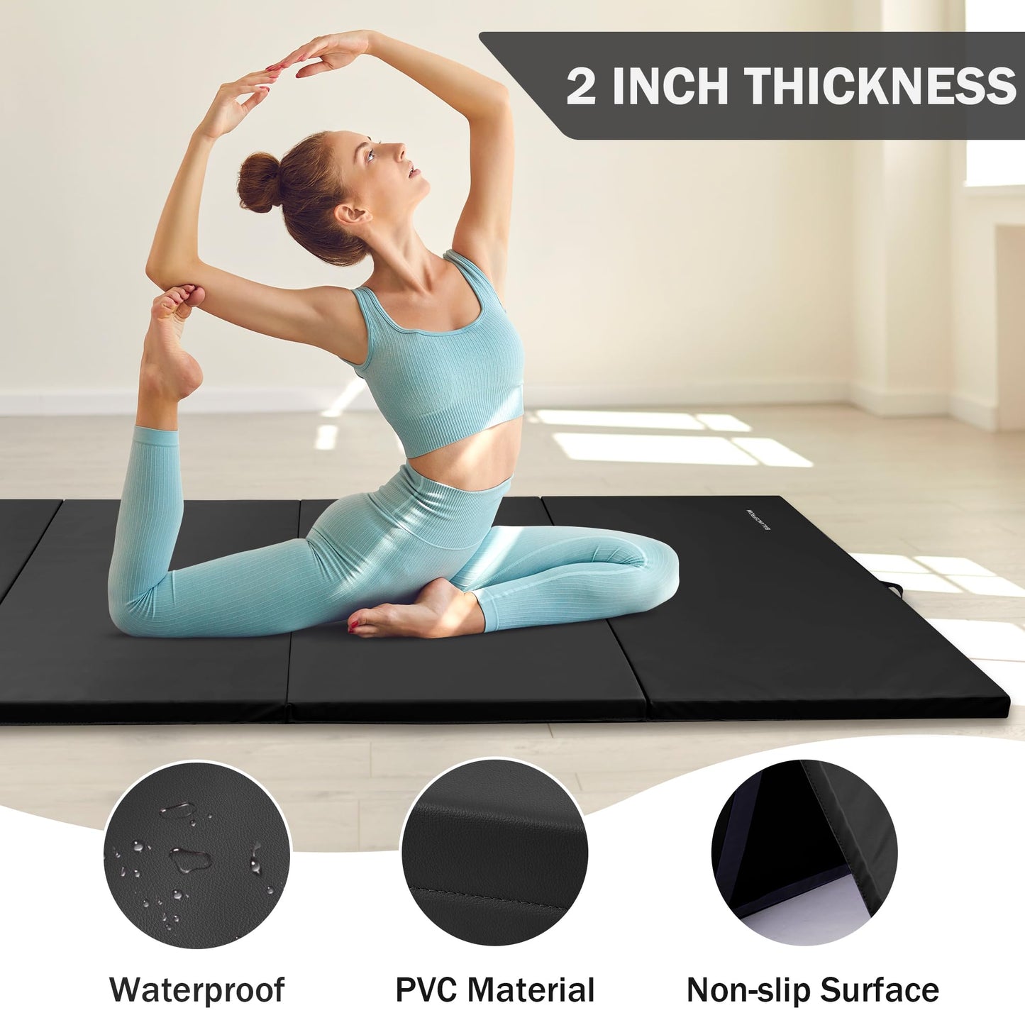 Fitvids Gymnastics Mats for Tumbling, 4'x8'x2" Folding Exercise Gym Mat with Carrying Handles High-Density Anti-Tear Martial Arts Fitness Aerobics Mat for Home Gym Yoga Pilates MMA Core Training, Graphite