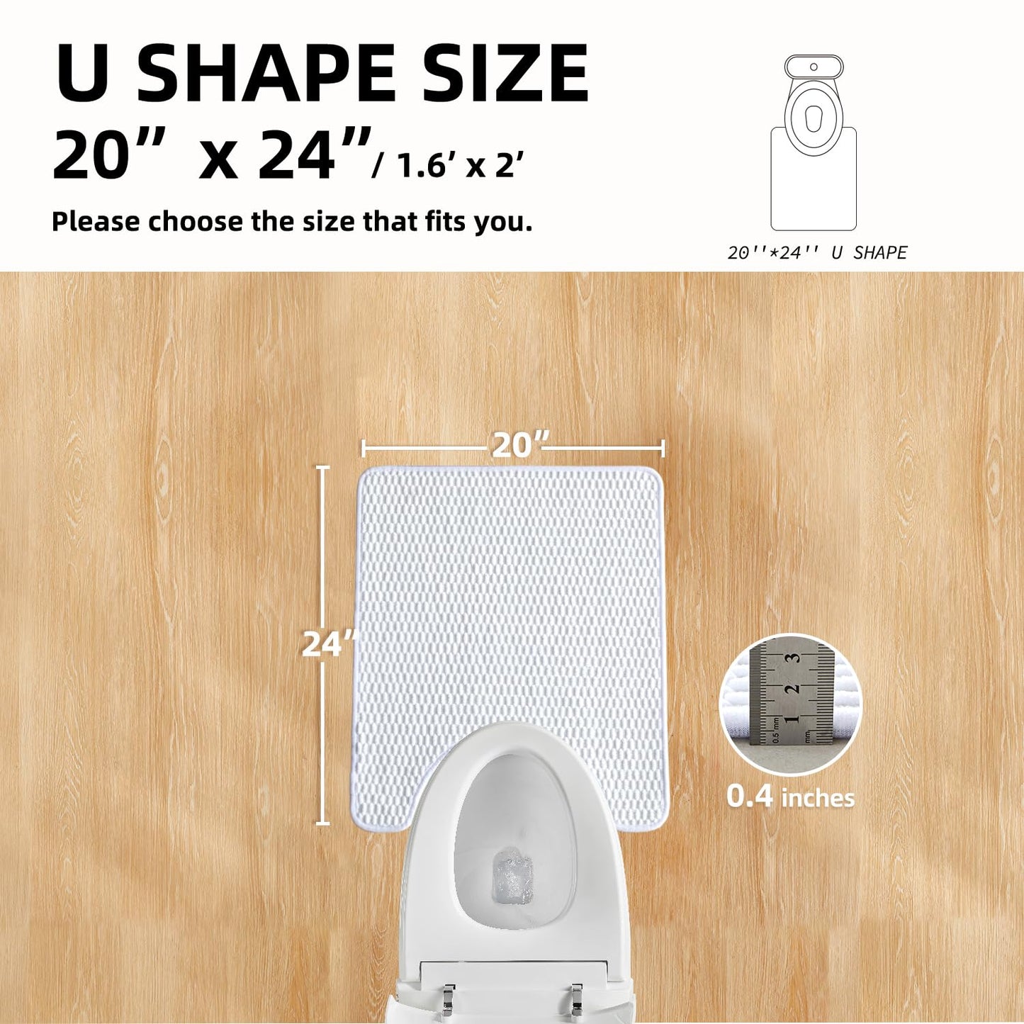 TYUU Toilet Rug, Thin Toilet Rugs U Shaped Washable Non Slip Absorbent Quick Dry Low Pile Toilet Mat, White 20"x24" U Shape