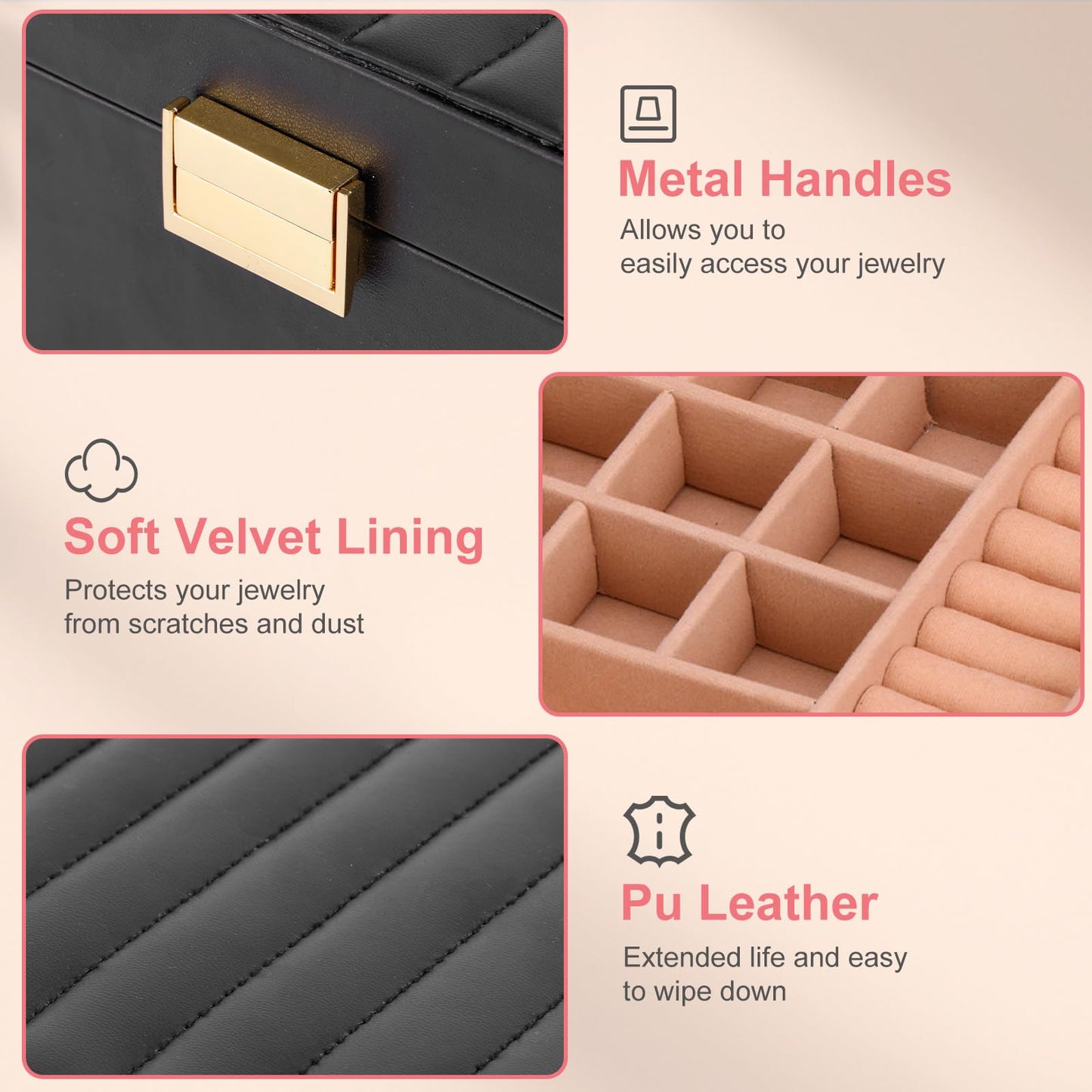 Gifturbo Jewelry Boxes for Women, Black 2-Layer Jewelry Organizer Box with Removable Tray, PU Leather Jewelry Storage Girls, Modern Style for Rings Earrings Necklace Bracelets, Gift Idea