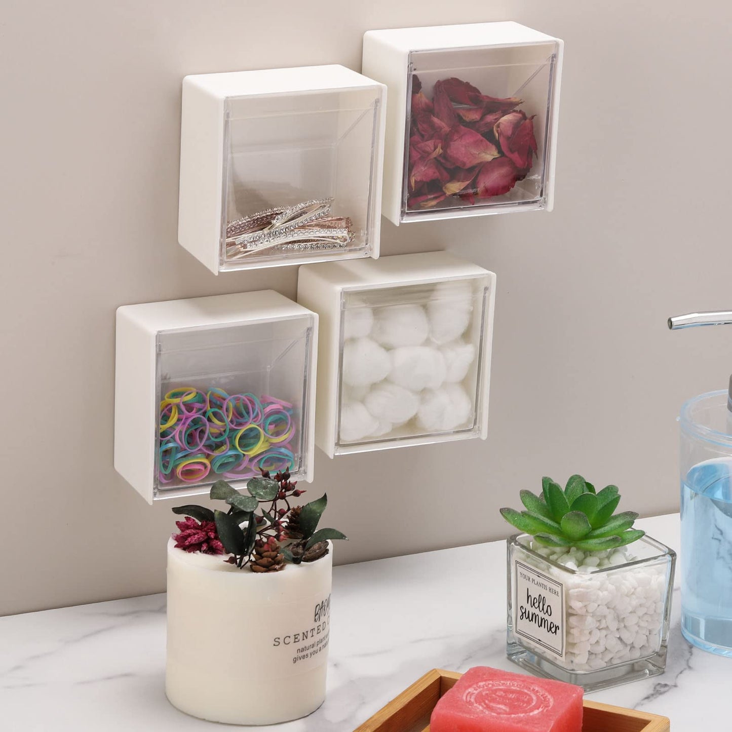 Tecbeauty 4PCS Cotton Pads Holder Dispenser, Wall Mounted Cotton Ball Organizers and Storage Box Rounds Jar Containers for Cotton Ball, Floss, Hairpin, Rubber Band, Clip（3.35in x1.8in x3.35in）
