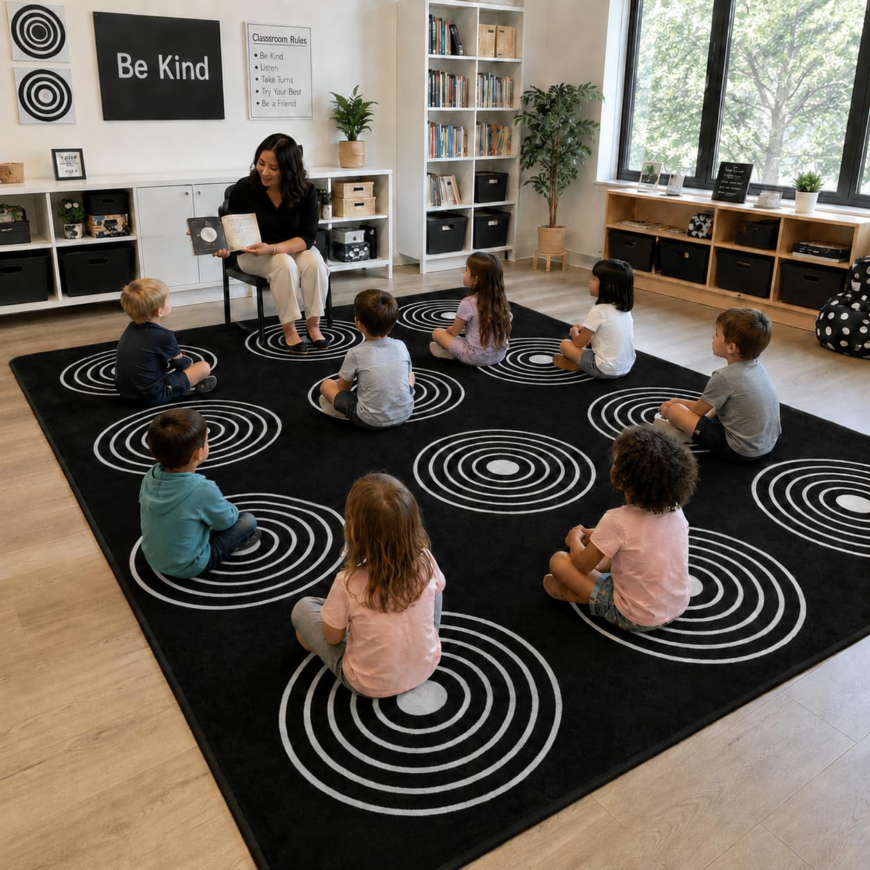 Kids Rug, Classroom Carpets Playmat Rugs - 5x7 Ft Kids Carpet with Rubber Backing, Circle Bullseye Abstract Children's Seating Rug Play Mat Nursery Rugs for Children Bedroom Playroom Elementary, Black