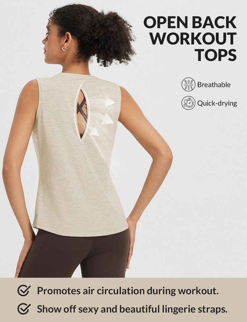 baleaf Yoga Tops for Women High Neck Open Back Workout Tank Tops Sleeveless Shirts Loose Fit Athletic Gym Heather Khaki S