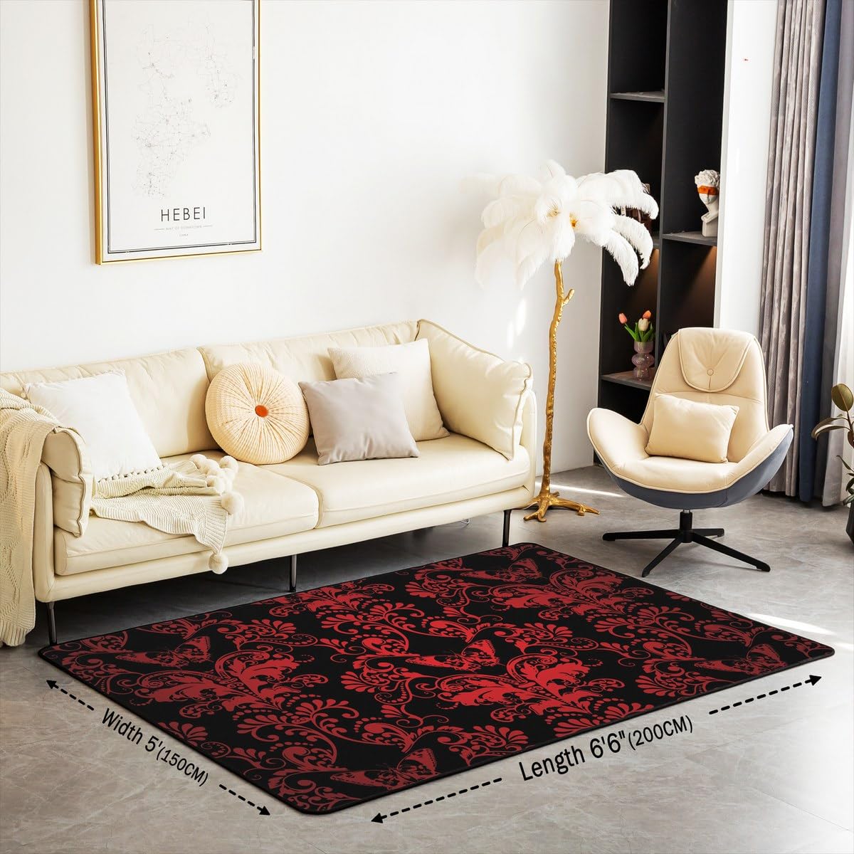 Erosebridal Red Ombre Damask Indoor Floor Mat for Adult Girls Women Gothic Victorian Style Area Rug Medallion Design Carpet Bohemian Exotic Decorative Accent Rug for Bedside Classroom,5x7