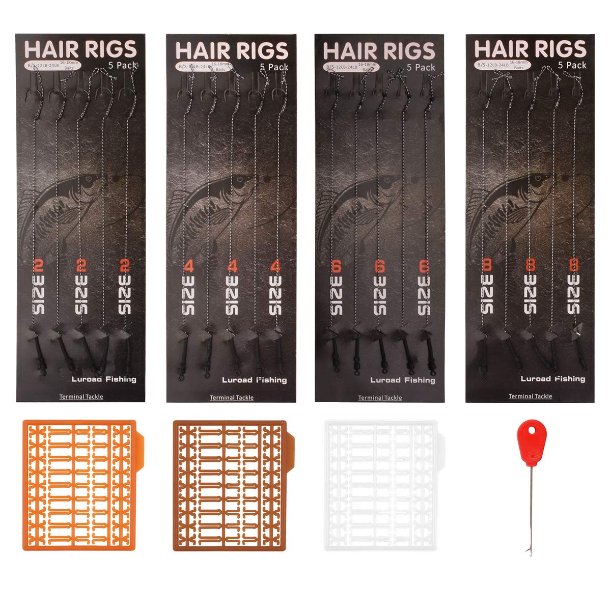 Luroad Carp Fishing Hair Rigs, 20 Pcs Curved Barbed Carp Hook Anti-Tangle Swivel Braided Thread line with 3 Card Boilie Bait Stops Dumbell Stoppers and Stringer Needle, Size 2 4 6 8