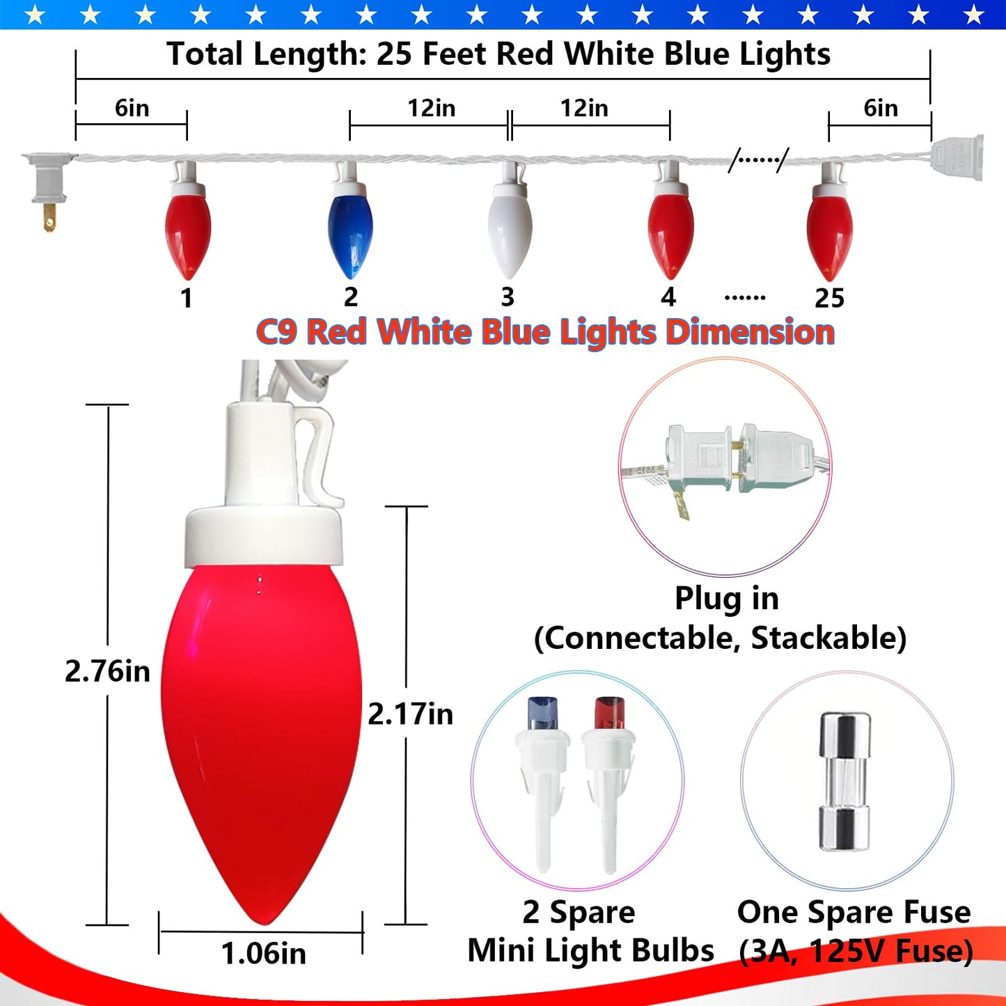 Fonusty Red White and Blue Lights 25Ft 4th of July Decorations Light with 25 LED Christmas Light, Plug-in Patriotic String Lights for Fourth July Christmas Home Presidents Day Memorial Day Decor