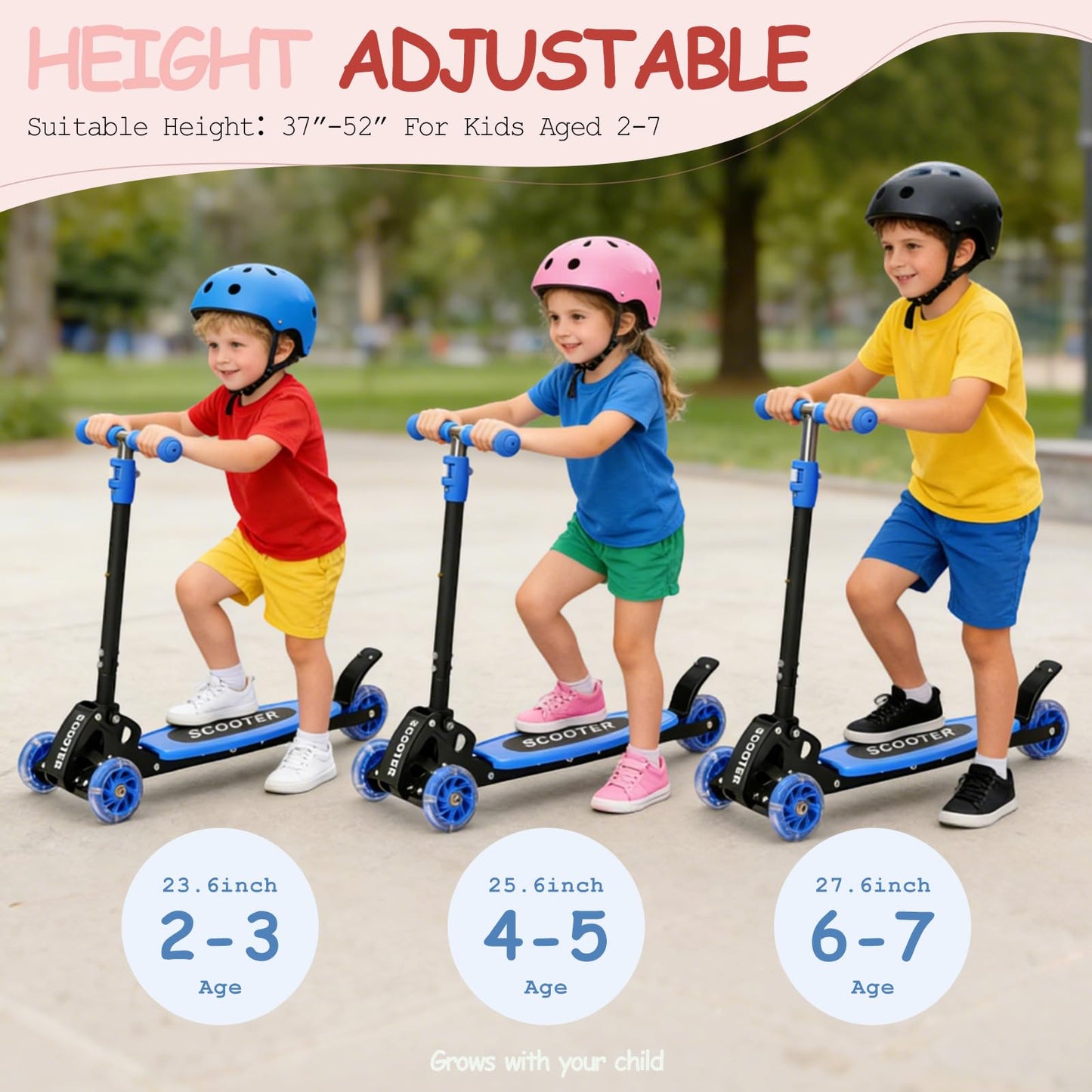 HOSKO Kick Scooter for Kids 2-7 Age， Light up 3 Wheels Kick Scooter, Heavy Duty Folding Lean-to-Steer Scooters with 3 Adjustable Handlebar for Boys Girls Blue