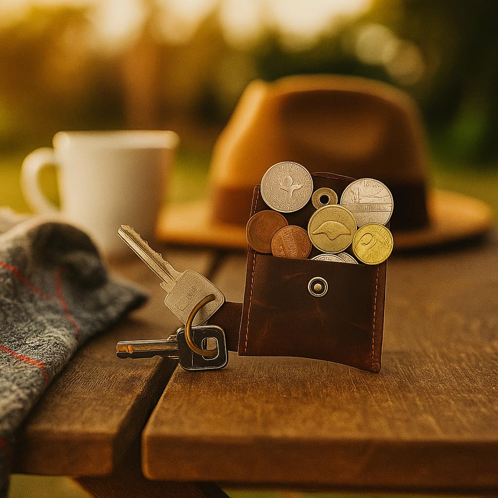 PavinCrafter Leather Coin/Ring Holder Keychain – Mini Pouch with Key Ring, Handmade Small EDC Wallet for Coins, Jewelry, Rings & Keys – Dark Brown