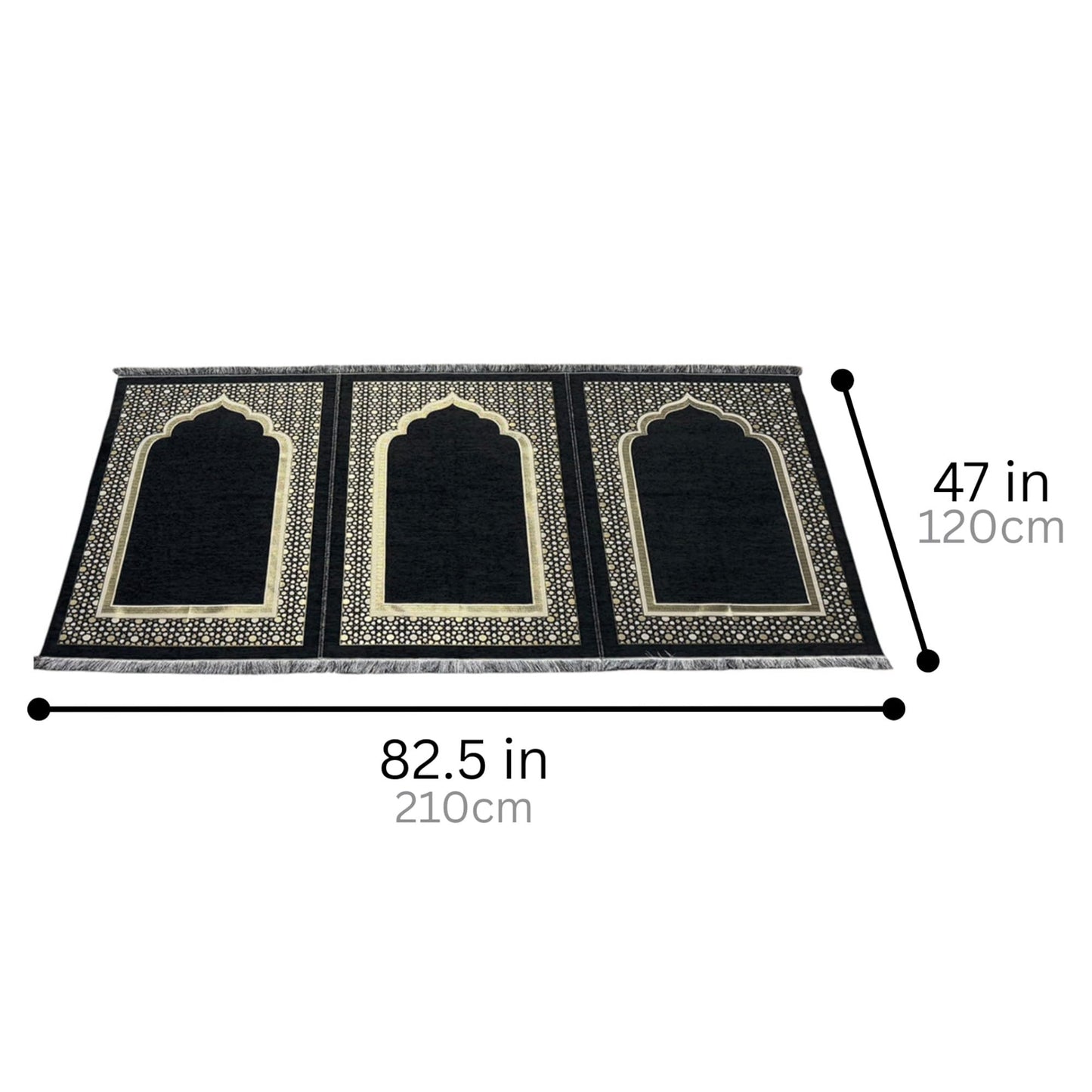 Modefa Turkish Islamic Prayer Mat - Wide Chenille Praying Mat - Multi Person Muslim Janamaz Sajada for Family - Large Gathering & Group Praying Carpet - Selcuk Star 3 Person (Black)
