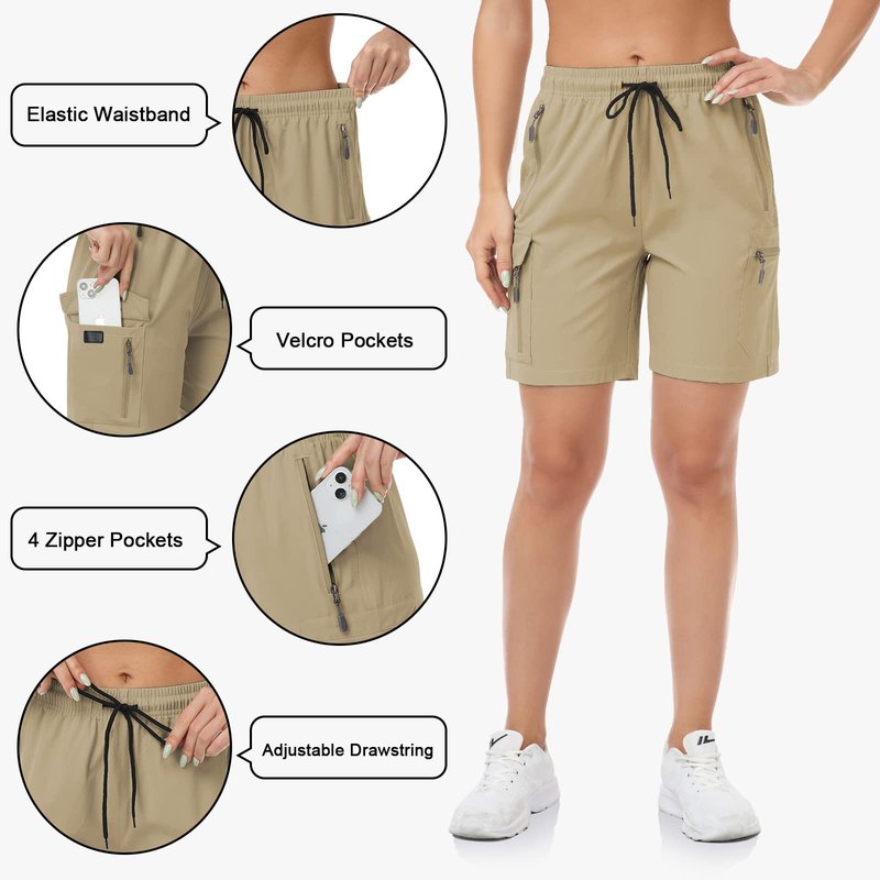GymBrave Women's Hiking Shorts Quick Dry Lightweight Cargo Shorts for Outdoor Athletic Travel with Pockets Dark Khaki XXL