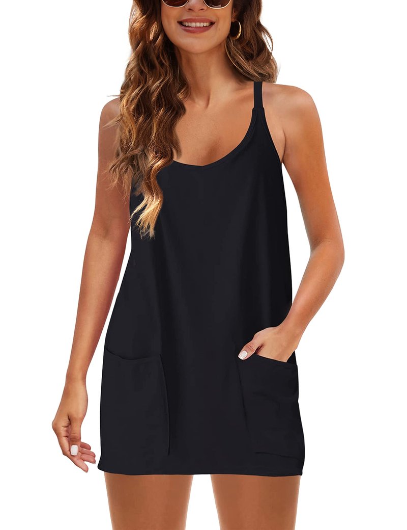 Lentta 2 Pack Women's Athletic Mini Dresses Built in Shorts Sleeveless V Neck Workout Sundress Summer Tennis Travel Vacation(BlueGreyBlack-L)