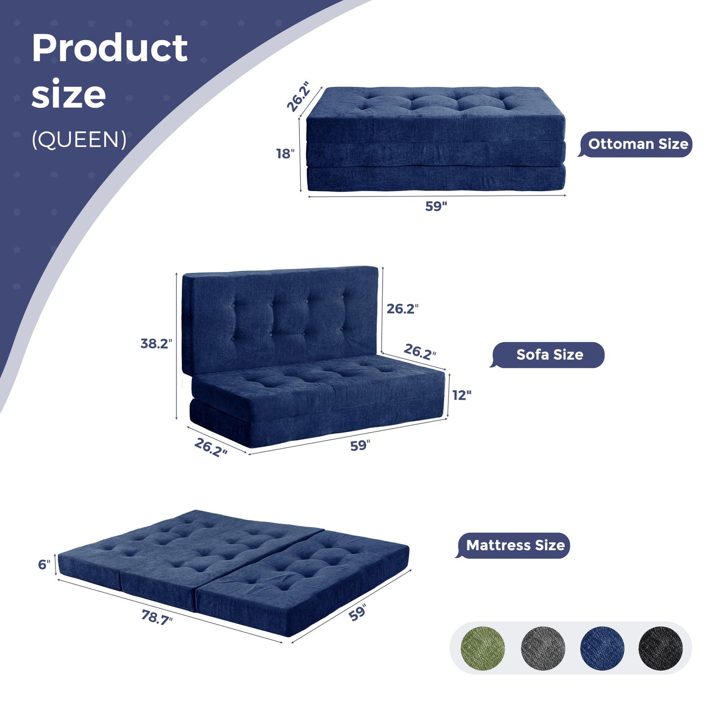 MAXYOYO 6" Folding Sofa Bed for Floor, Tufted Tri-Fold Floor Mattress with Chenille Fabric, Queen Size Portable Sofa Couch Guest Mat for Adults, Foldable Topper for Camping, Navy, 59"x78.7"