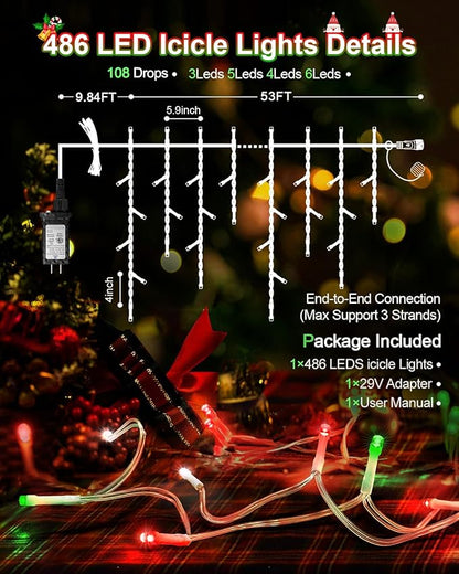 Christmas Lights Outdoor, 53 FT 486 LED Christmas Lights for Outside, Timer & Memory, Plug in 8 Modes Hanging Fairy Light with 108 Drops for House Eaves Yard Patio Decorations, Red Green and White