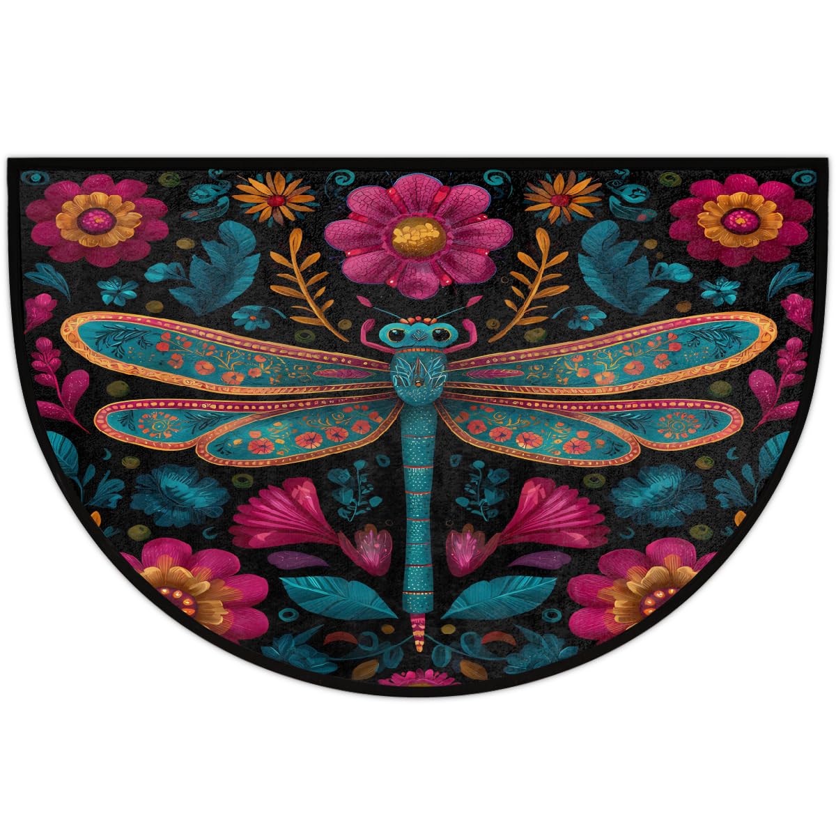 Peaom Folk Art Boho Dragonfly Flower Half Round Door Mat Indoor Entrance Low Pile Non Slip Absorbent Semi Circle Welcome Mats Doormats 36x24 in Floor Mats for Home Kitchen