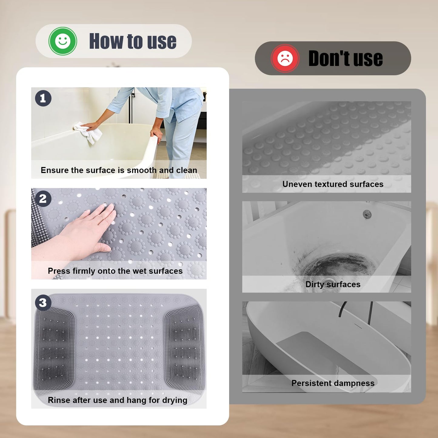 Rolcoassuns Bathtub Shower Mat Non Slip, 28.7x18.9 inch Silicone Bathroom Mat with Foot Scrubber on Both Sides, Drain Hole and Suction Cups, Machine Washable Bath Mats for Elderly, Pet (Gray)