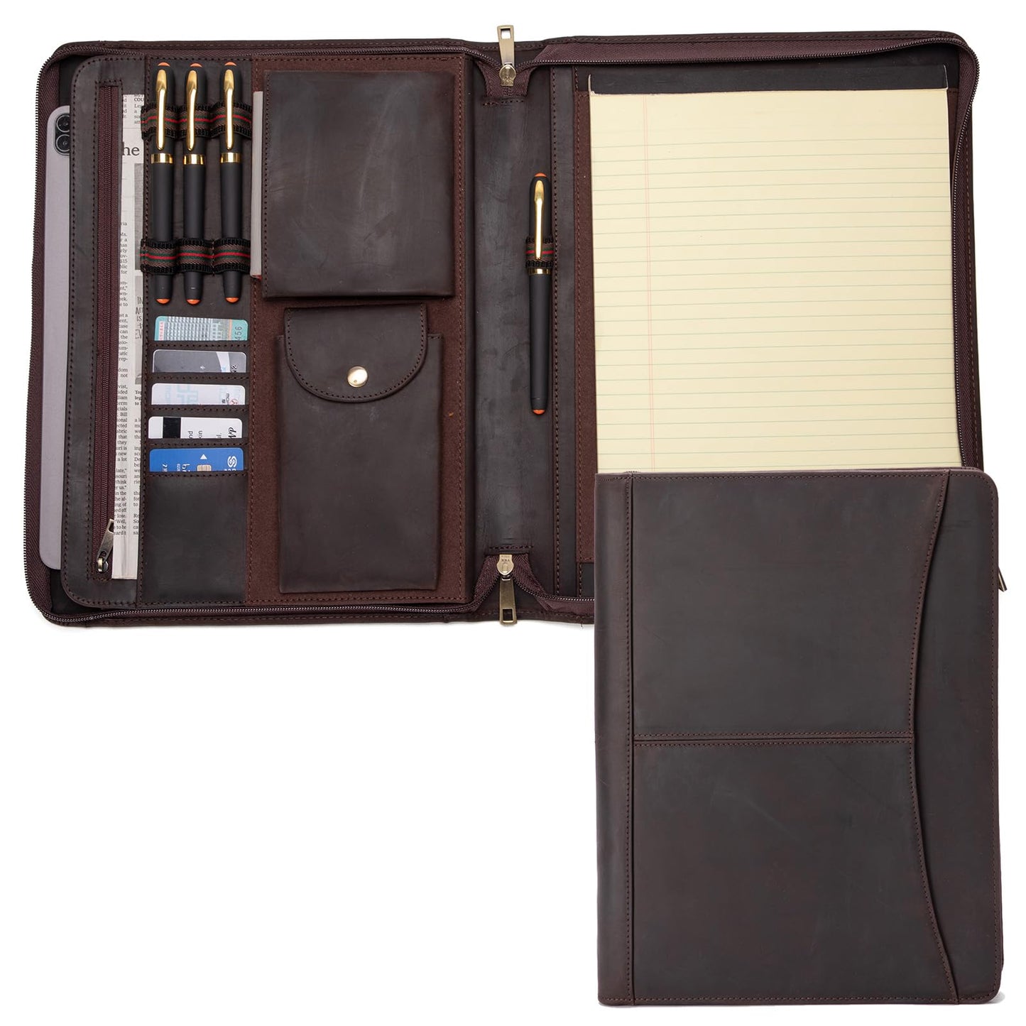 Geslun Genuine Leather Portfolio with Front Pocket for Men and Women, Zippered Padfolio Binder 8.5 x 11 Legal Pad Notebook Holder, Fits 13” Laptop, Professional Work File Case, Dark Brown