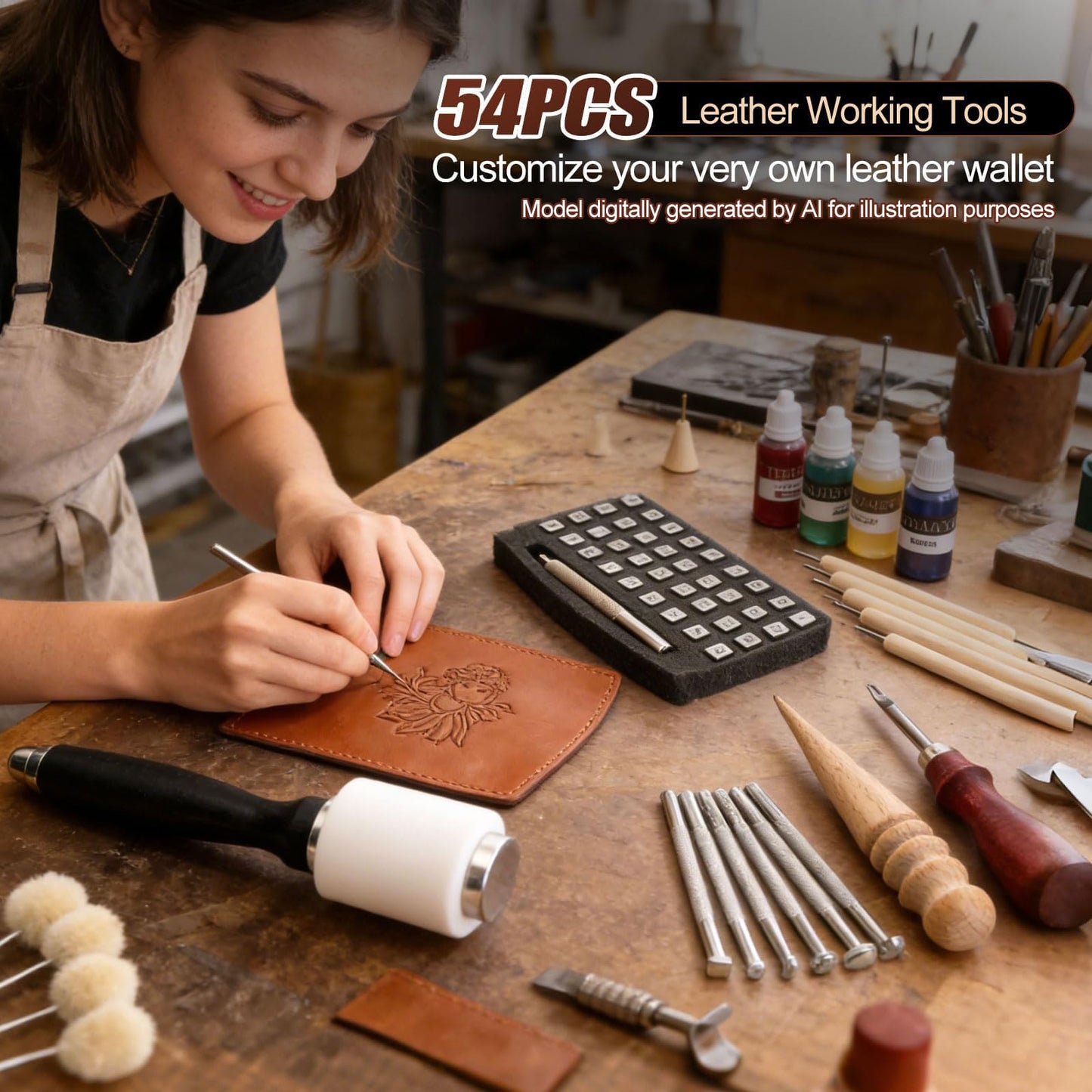 Leather Working Kit with Cowhide and Paint Set