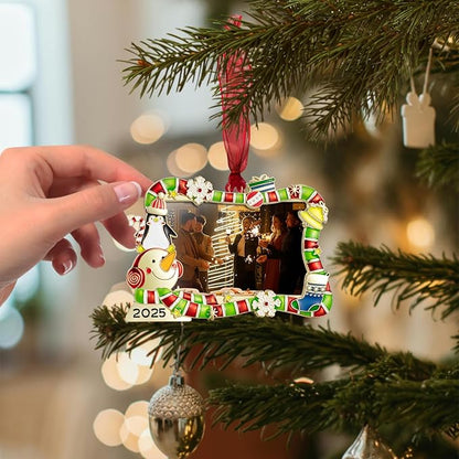 2025 Christmas Tree Ornament Picture Frame Ornament Made of Zinc Alloy Glitter Powder Pendant 3x2 Picture Frame for Pet, Baby Holiday Keepsake Gift (Snowman Snowflake, Golden)
