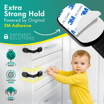 SAFENEST Child Proof Cabinet Locks (5 Pack Black) 3M Adhesive for Cabinets and Drawers, Fridge, Drawer Locks Baby Proofing, No Drilling; Alcohol Prep Pads Included