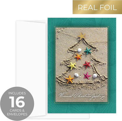 Masterpiece Sand Tree Cards / 16 Christmas Holiday Cards Set With Gold Foil And White Envelopes / 5 5/8" x 7 7/8" Winter Warm Wishes Greeting Cards With Meaningful Inside Verse