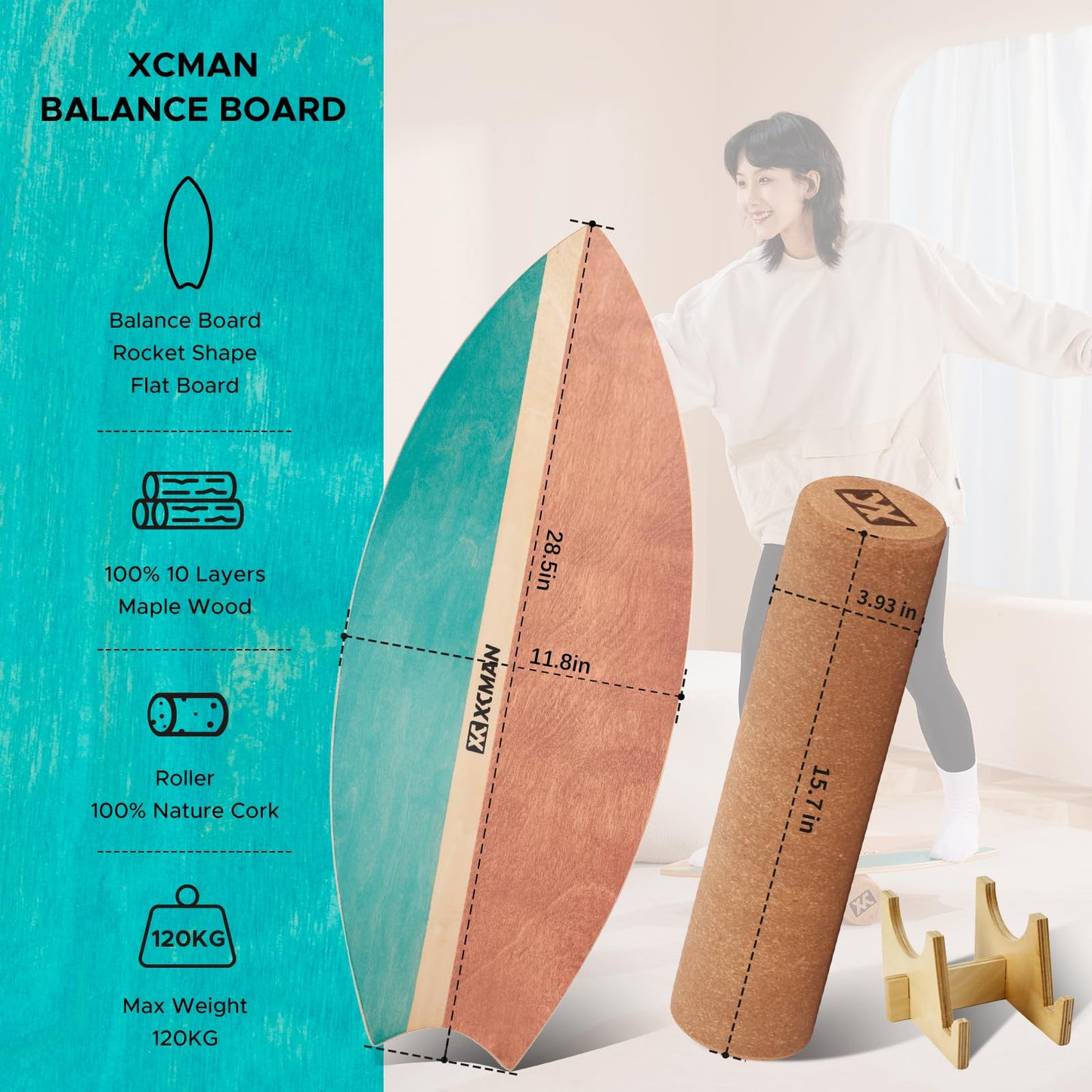 XCMAN Surf Balance Board Trainer with Roller Wooden Exercise Balancing Stability Trainer - Non Slip Surface for Adults |Balance Board Surfing,Snowboarding,Skateboarding,Hockey,Yoga