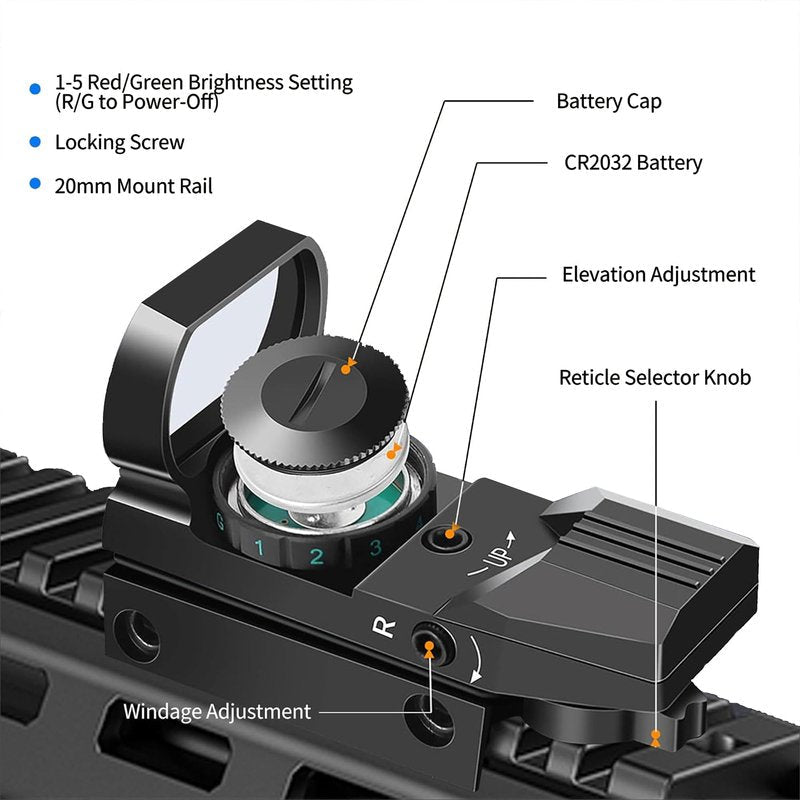 KASENTE Red Green Dot Gun Sight Tactical Reflex Sight with 4 Adjustable Reticles for 20mm Rail Mount, Black