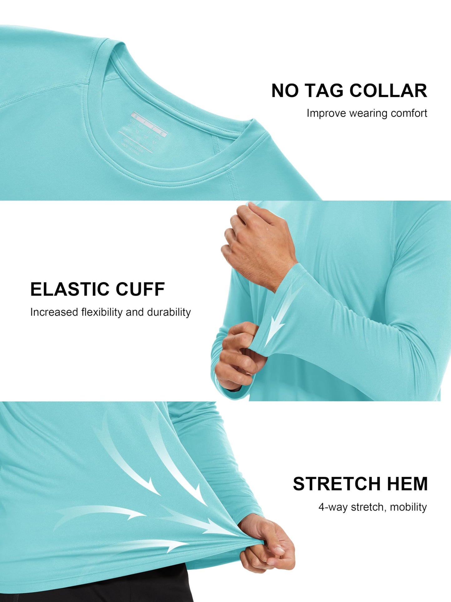 Workout Shirts for Men Long Sleeve UPF 50 Protection Shirts Quick Dry Shirts Sun Protection Shirts Athletic Shirts Aqua Blue
