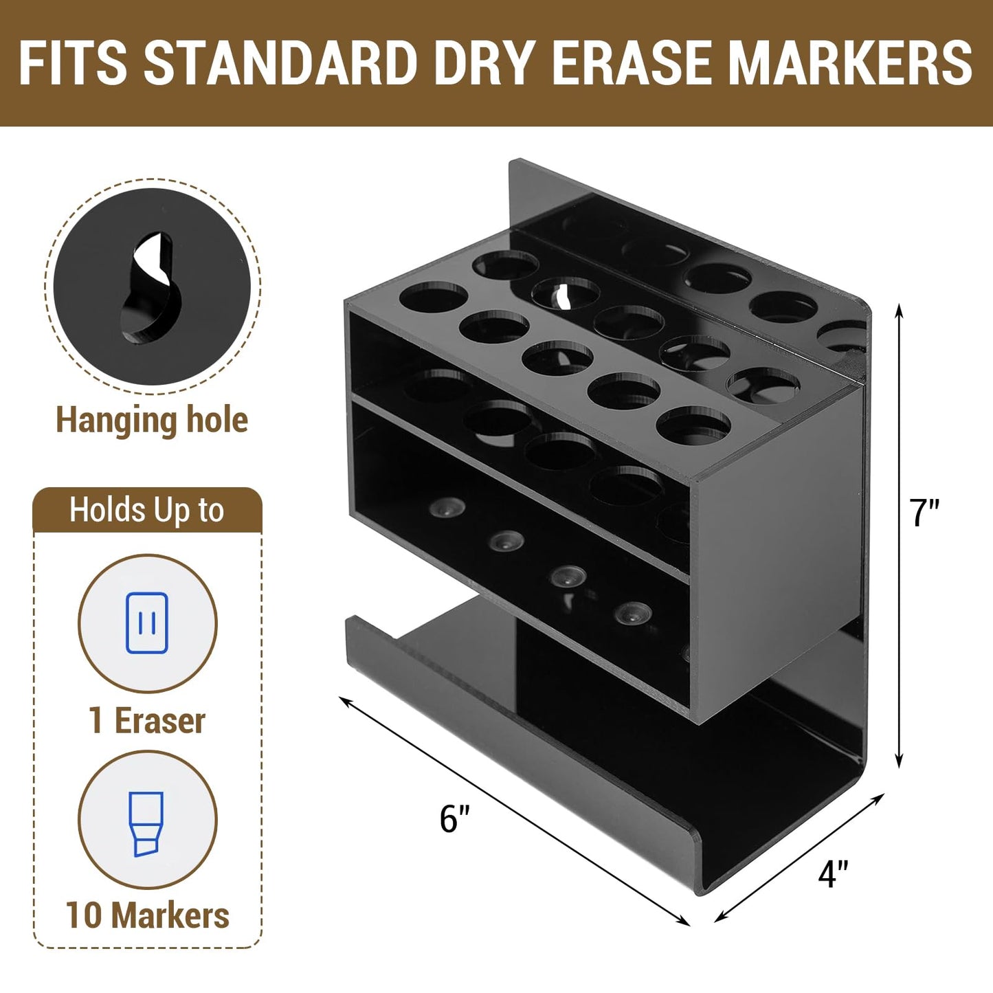 MyGift Dry Erase Marker Holder 10 Slots Whiteboard Marker Holder for Wall Dry Erase Eraser Holder Wall Mount Black