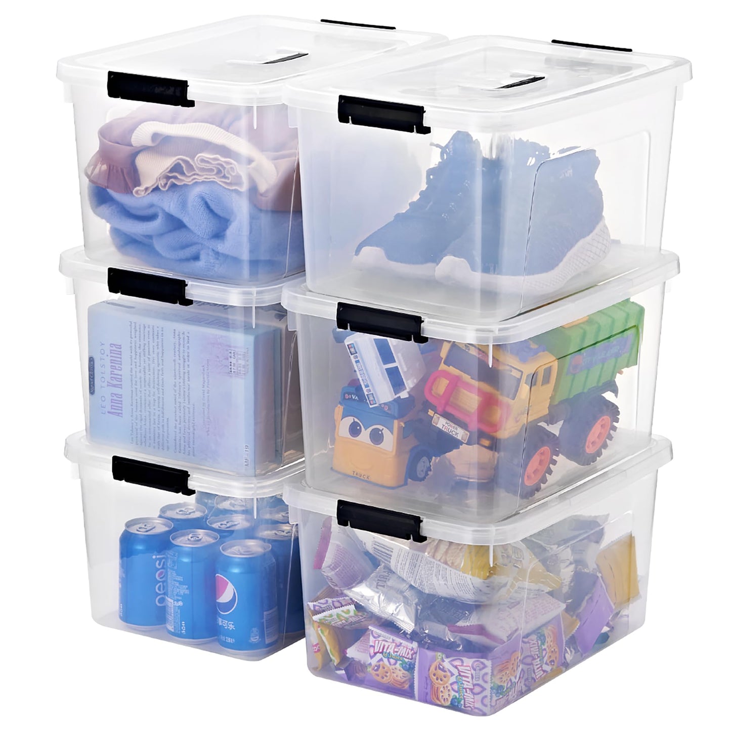 JUJIAJIA 19 Quart Plastic Storage Bins with Lids, 6-Pack Stackable Clear Storage Organizing Box with Handle