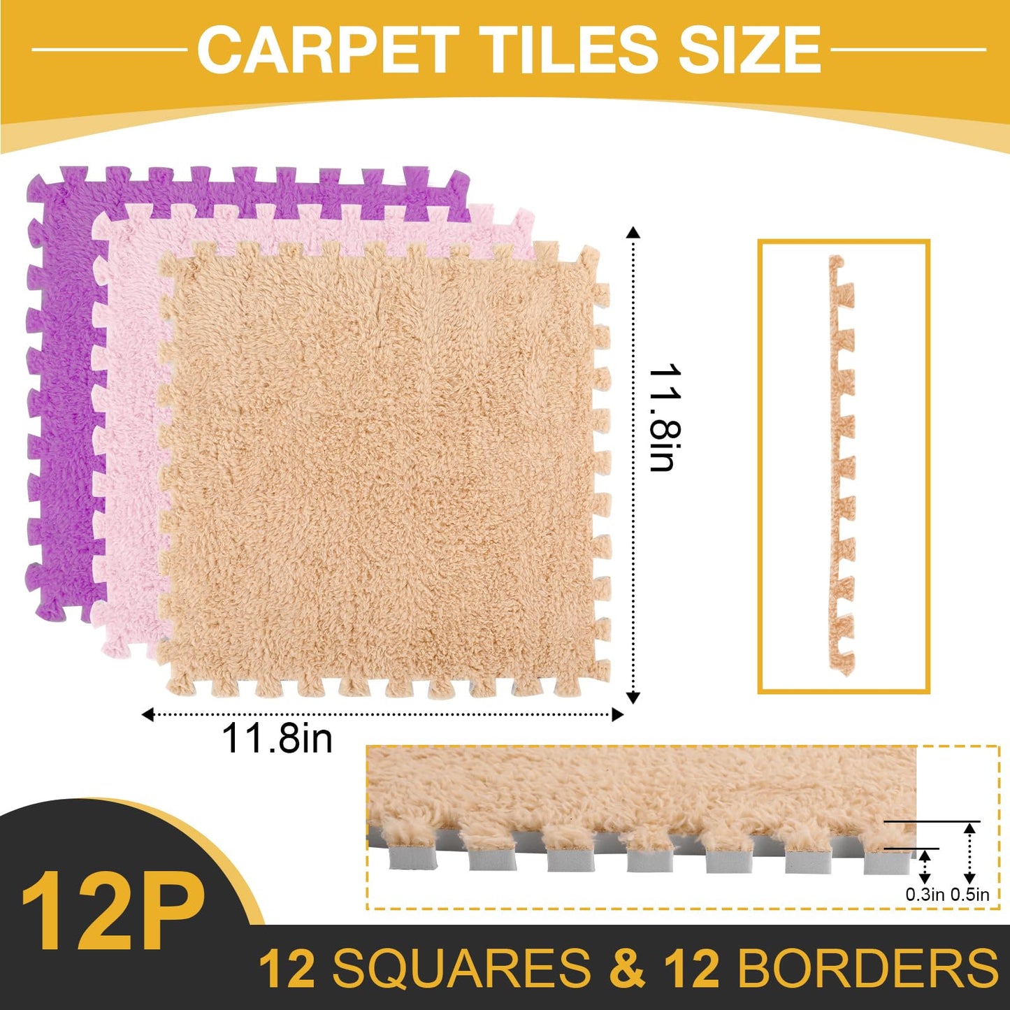 12 Pcs Plush Interlocking Carpet Tiles, Non-Toxic Foam Carpet Tiles for Toddler Baby, Anti-Slip, EVA Foam Interlocking Tiles for Floor, Nursery, Playroom, Purple, Light Brown, Pink
