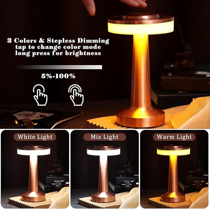 Riakrum Set of 2 LED Portable Cordless Table Lamp with Touch Sensor 3 Color Stepless Dimming Rechargeable Battery up to 15 Hours Cordless Table Light Wireless Lamp for Nursery(Rose Gold,2 Pcs)