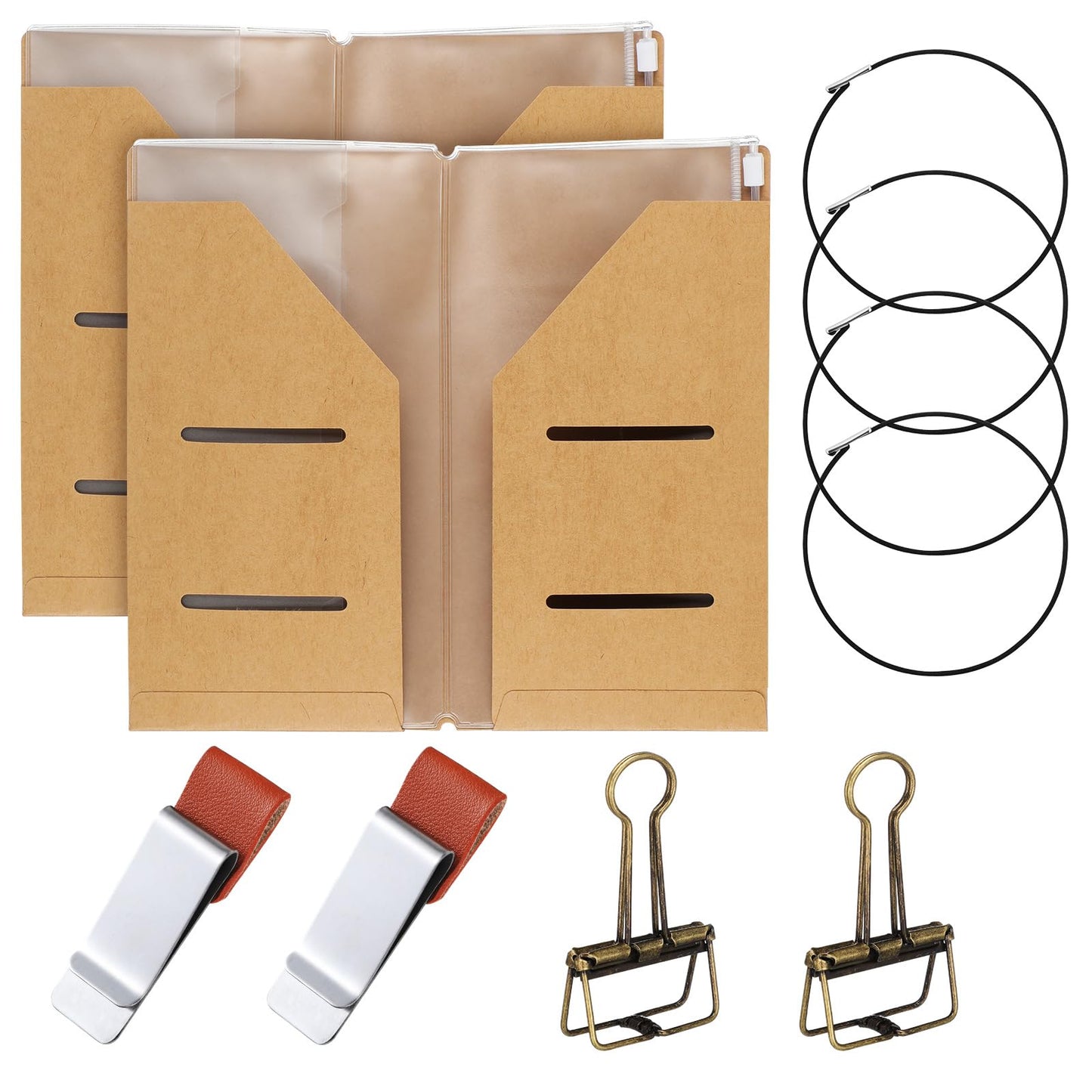 Travelers Journal Notebook Accessories Kit Include Travel Kraft File Folder, Zipper Case, Pen Holder, Binder Clip and Elastic Bands Travel Accessories Supplies(2 Pack,Standard Size)