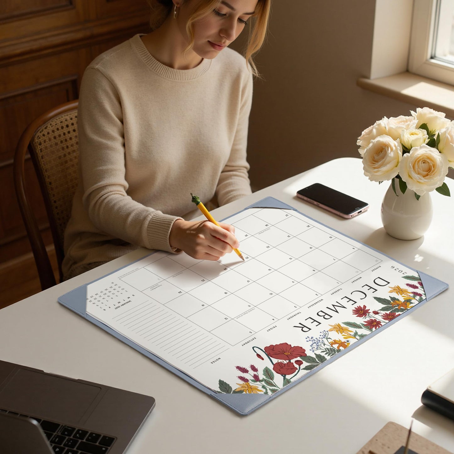 Desk Calendar 2026 with Desktop Mat, Cabbrix Large Desk Pad Calendar 22 x 17 Inch Runs From July 2026 to December 2027, Classic Floral Design Calendar 2026 for Home School and Office (Blue)