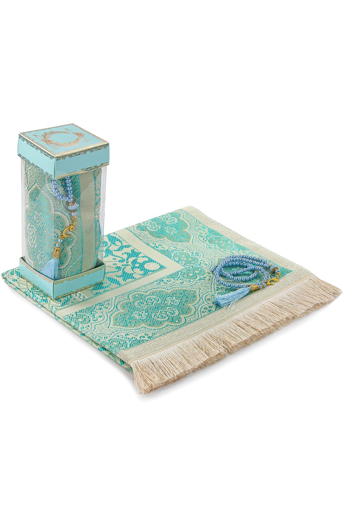 Muslim Prayer Rug and Prayer Beads with Elegant Gift Box | Janamaz | Sajadah | Soft Islamic Prayer Rug | Islamic Gifts Set | Prayer Carpet Mat, Taffeta Fabric, Blue