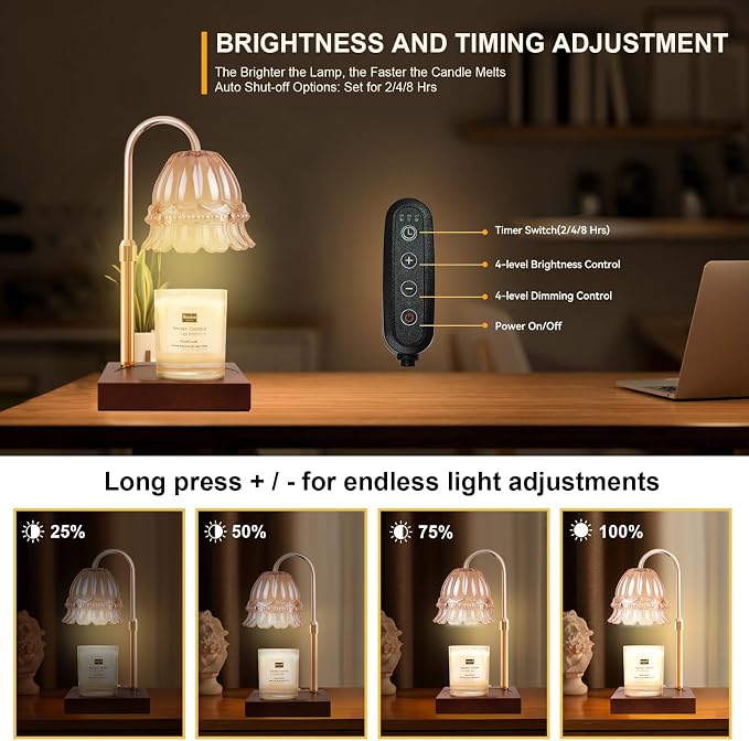 TOACSUCP Candle Warmer Lamp with 3 Bulbs, Adjustable Height Dimmable Candle Warmer with Timer, Compatible with Large Jar Candles, Flower Candle Warmer with Charming Gift Box Ribbon(Light Brown)