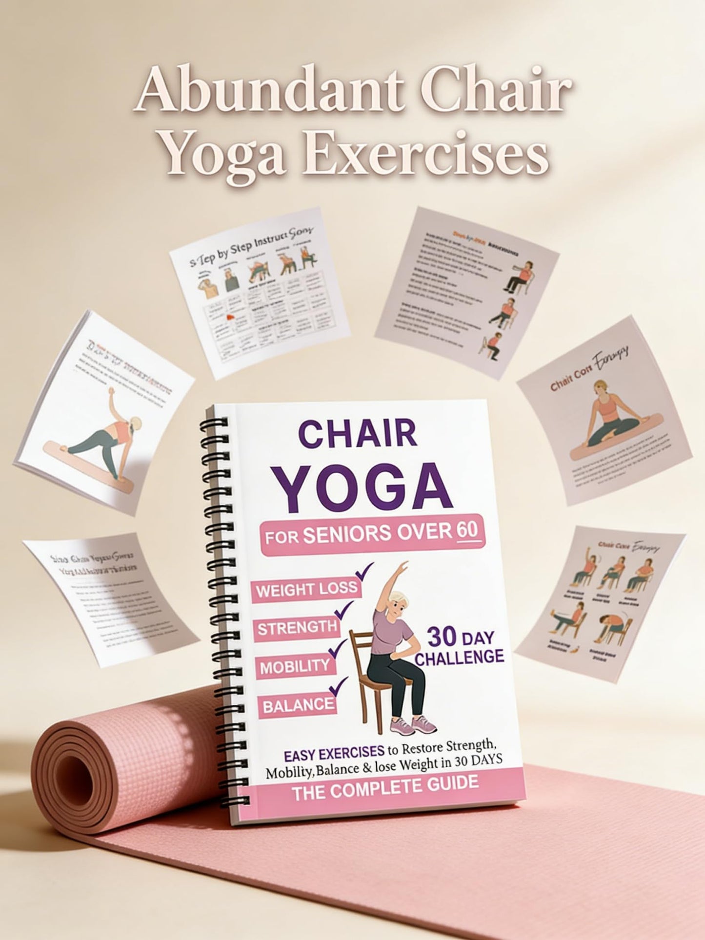 Chair Yoga Book for Seniors, Pink and White Cover Exercise Chart with Gentle Poses, Chair Workouts for Weight Loss and Balance for Elderly Beginners