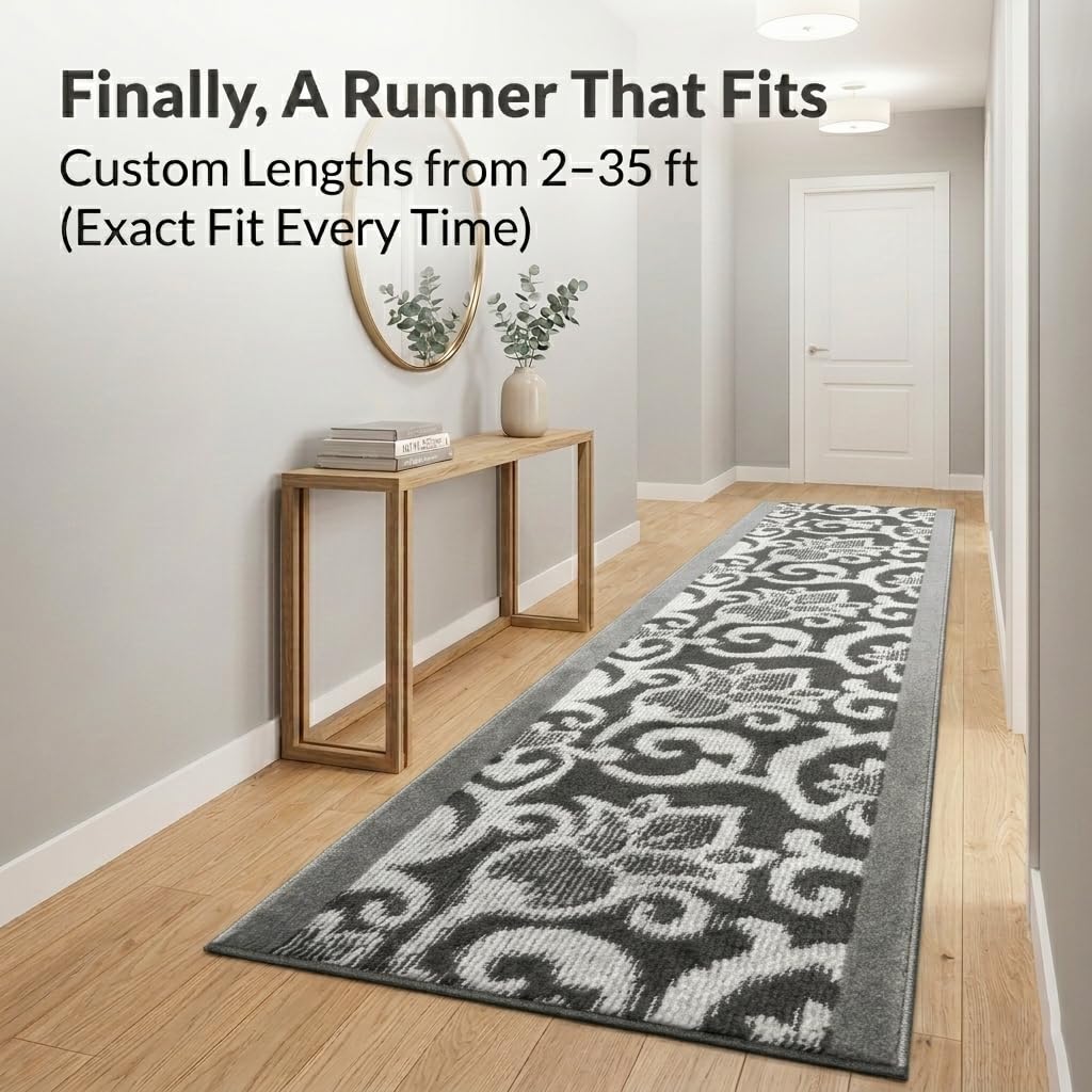 7 Ft Long Non-Slip Washable Carpet Runner Rug with Rubber Backing, Custom Floor Mat for Kitchen Hallway Stairs Bedroom Bathroom Entryway, Your Choice of Length, Lily Anthracite (26" X 7')