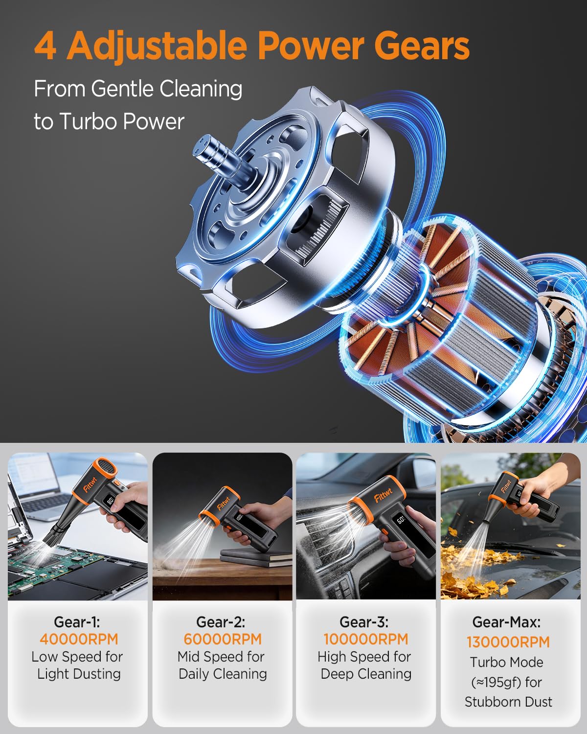 2 in 1 Electric Air Duster 65m/s Turbo Airflow Max, Brushless Compressed Air Duster 130000RPM, Mini Vacuum Cleaner Portable, 8000mAh Rechargeable Battery, 6 Nozzles 3 Brushes for PC, Keyboard, Car