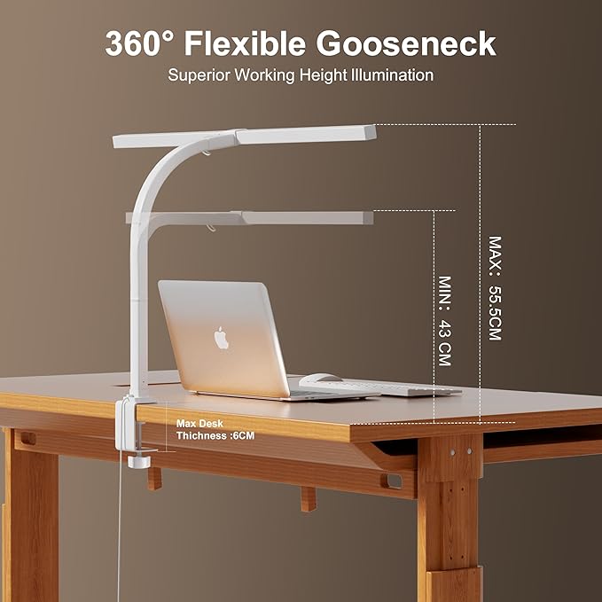 deeloop 48cm LED Desk Light,CRI 95+ Bright Desk Lamp for Home Office, 4 Colors & Infinite Dimming Reading Lamps with Timer & Memory Function, Standing Lamp with Clamp for Table Working Monitor