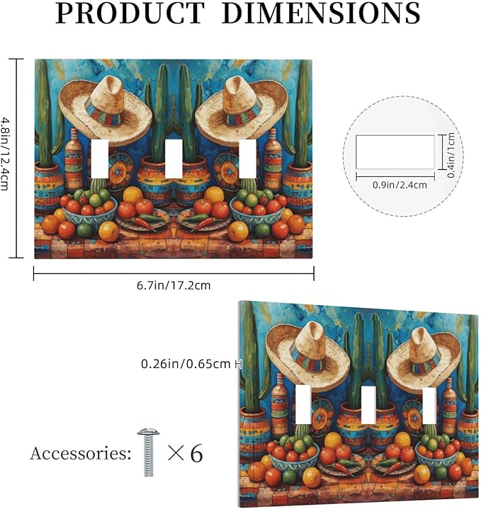 Decorative Art Light Switch Covers Mexican Sombrero & Serape Vibes 3 Gang Triple Toggle Wall Plate Decorative Switch plate Electrical Faceplate for Home Decor